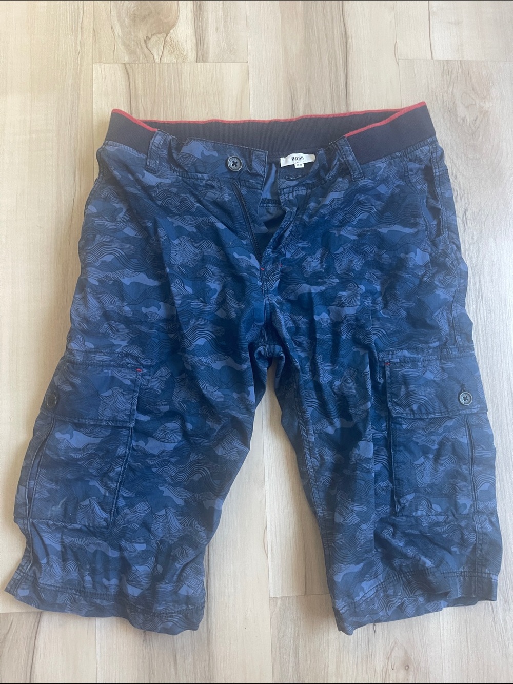 Boss Boys Navy Blue Camouflage Cargo Shorts with Red Trim